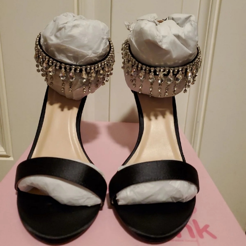 Black Satin Sandals with Rhinestone Ankle Strap